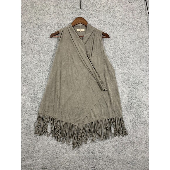 Large (L) Pink Rose Gray Faux Suede Microfiber Fringe Kimono Cardigan Vest - Picture 1 of 16